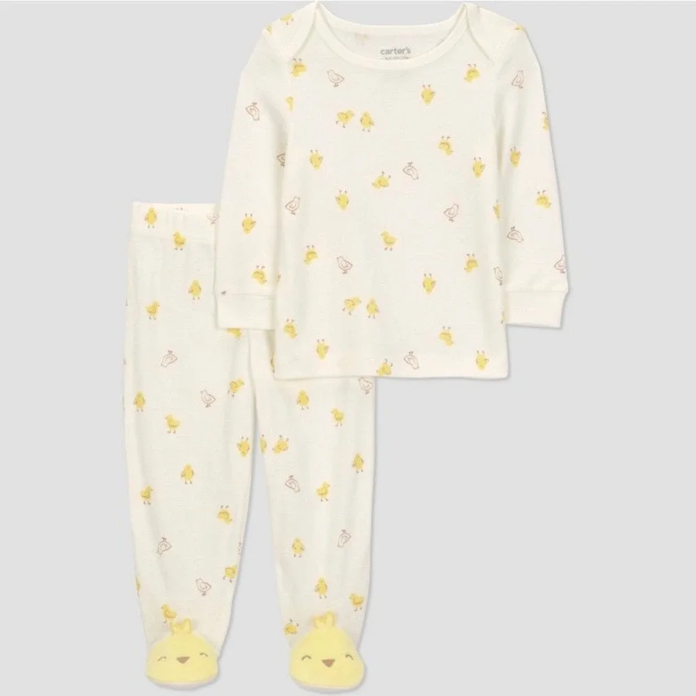 Just One You by‎ Carters Baby Pajama Set White Yellow Chick Print Footed PJs NEW